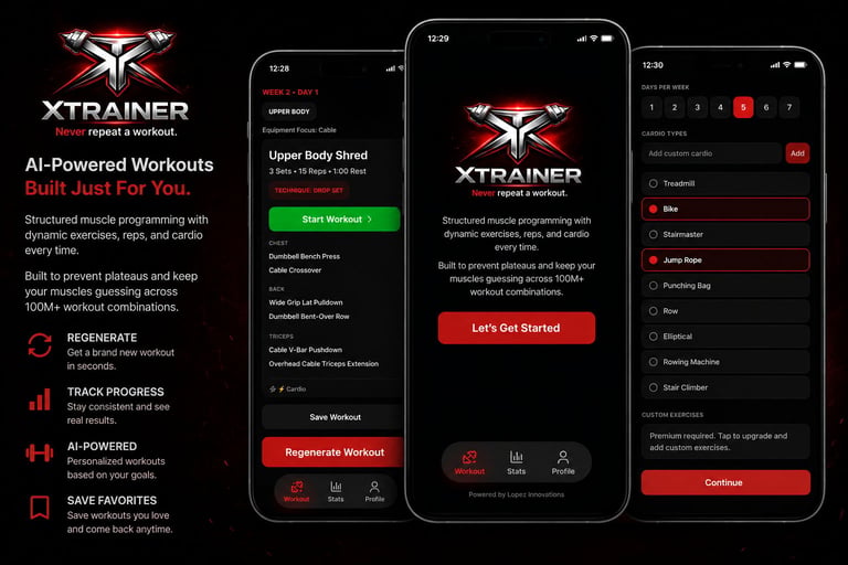 XTRAINER fitness app interface showing AI-powered workout screens with upper body shred routine and customizable workout features on mobile devices