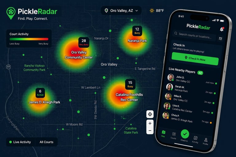 PickleRadar app interface showing a heatmap of pickle courts in Ono Valley, AZ with live player activity and mobile check-in screen