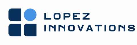 Lopez Innovations logo featuring dark blue squares and a blue circle with company name in navy text