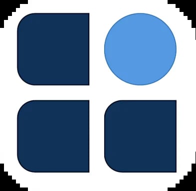 Four-square grid layout with three dark blue rounded squares and one light blue circle in the top right