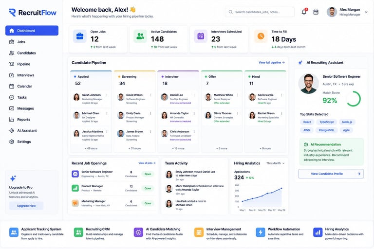 RecruitFlow dashboard showing recruitment metrics, candidate pipeline, recent job openings, team activity, and hiring analytics